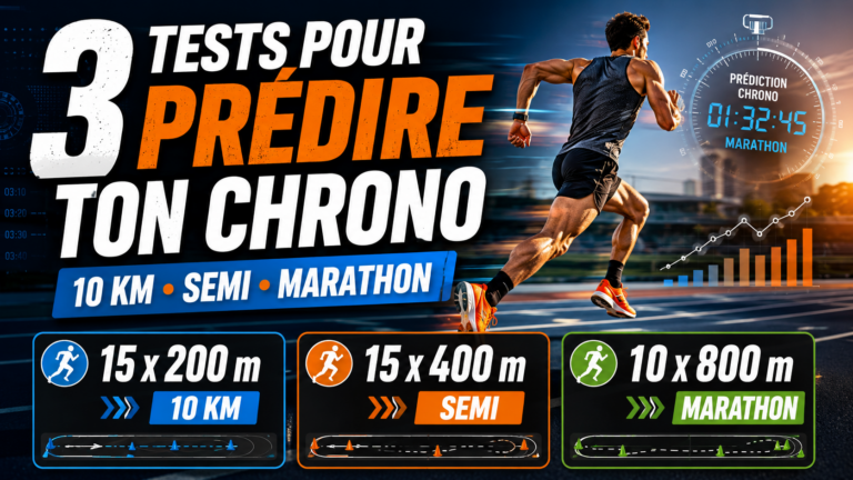 Vous préparez un 10 km, un semi-marathon ou un marathon et vous aimeriez savoir quel chrono vous êtes réellement capable de viser ? Plutôt que de vous fier uniquement à une estimation théorique, certaines séances de fractionné peuvent vous apporter des indications très intéressantes sur votre niveau du moment. L'avantage est double : vous réalisez une véritable séance d'entraînement, parfaitement intégrable dans votre programmation, tout en obtenant un repère qui peut vous aider à définir votre objectif de course. Dans cette vidéo, je vous présente 3 séances test : le 10 × 800 m pour le marathon ; le 15 × 400 m pour le semi-marathon ; le 15 × 200 m pour le 10 km. 🎥 Vous préférez les explications en vidéo ? Retrouvez la démonstration et toutes mes explications ici : RUNNING : Prédire ton chrono sur 10 km, semi-marathon & marathon sur 3 séances "test" https://www.youtube.com/watch?v=k4Vbcb2D1NI 1. Le 10 × 800 m : un indicateur pour votre marathon Le premier protocole est certainement le plus connu : le 10 × 800 mètres, souvent associé au coureur et entraîneur américain Bart Yasso. L'idée est d'effectuer 10 répétitions de 800 mètres à une allure régulière. La moyenne obtenue sur les répétitions peut ensuite servir de repère pour estimer un potentiel chronométrique sur marathon. Un exemple concret Si vous êtes capable d'effectuer vos 10 × 800 m autour de : 2 min 51 s par 800 mètres cela peut indiquer un potentiel marathon situé approximativement autour de : 2 h 51 – 2 h 53 Le principe est donc très simple : 2 min 51 sur 800 m → environ 2 h 51 au marathon. Mais attention : cela reste un indicateur. Être capable de réaliser cette séance ne signifie pas automatiquement que vous êtes prêt à courir un marathon à cette allure. Votre endurance, votre kilométrage hebdomadaire, vos sorties longues, votre capacité à maintenir l'allure marathon et votre stratégie nutritionnelle auront évidemment une importance considérable le jour de la course. Comment intégrer progressivement le 10 × 800 m ? Il n'est absolument pas nécessaire de commencer immédiatement par 10 répétitions. Au contraire, je recommande une montée progressive : 5 × 800 m → 6 × 800 m → 8 × 800 m → 10 × 800 m Vous pouvez ainsi faire évoluer cette séance au fil de votre préparation. Une fois capable de réaliser les 10 répétitions correctement, elle peut devenir une excellente séance de référence à reproduire, par exemple, tous les 10 à 15 jours afin d'observer votre évolution. Quelle récupération entre les 800 m ? La récupération doit rester suffisamment courte pour conserver la logique de la séance. À titre indicatif : pour des 800 m courus en moins de 3 min à environ 3 min 30 : 2 min à 2 min 30 de récupération ; pour des temps plus longs : la récupération peut progressivement aller vers 2 min 30 à 3 min. Le point essentiel est surtout de conserver le même protocole d'une séance à l'autre. Si vous choisissez 2 minutes de récupération lors de votre première séance, conservez 2 minutes lors des suivantes. Vous pourrez ainsi comparer réellement vos performances. 2. Le 15 × 400 m : un repère pour le semi-marathon Pour le semi-marathon, on retrouve une adaptation parfois appelée « demi-Yasso ». Le principe : 15 × 400 mètres avec une récupération correspondant approximativement au temps d'effort réalisé sur le 400 m. Par exemple : Vous courez votre 400 m en : 1 min 30 Vous récupérez : 1 min 30 avant de repartir. Comment interpréter le résultat ? Là encore, le temps réalisé sur les 400 mètres donne un ordre d'idée de votre potentiel sur semi-marathon. Par exemple : 400 m courus régulièrement autour de 1 min 10 peuvent indiquer un potentiel situé autour de : 1 h 10 – 1 h 12 sur semi-marathon à condition, évidemment, de posséder également l'endurance nécessaire pour tenir cette performance sur 21,1 km. Le véritable intérêt de la séance est de réussir à maintenir une allure régulière sur l'ensemble des répétitions. Inutile de courir les premiers 400 mètres extrêmement rapidement pour terminer complètement épuisé. Le but est de rechercher : régularité + maîtrise + répétabilité. Et pour les coureurs moins rapides ? 15 répétitions représentent déjà un volume de travail conséquent. Pour certains coureurs dont les 400 mètres sont réalisés autour de 1 min 45, 1 min 50 ou davantage, il peut être plus pertinent de commencer avec : 10 à 12 × 400 m avant d'augmenter progressivement le nombre de répétitions. Comme toujours en entraînement, la progression doit primer sur la volonté de réaliser immédiatement le protocole complet. 3. Le 15 × 200 m : un indicateur intéressant pour le 10 km Dernière séance : le 15 × 200 mètres. Contrairement au protocole des 800 m, cette séance repose davantage sur des observations et retours d'expérience de coureurs et d'entraîneurs que sur un protocole de prédiction parfaitement établi. Elle reste néanmoins intéressante comme outil de terrain et séance de référence. Le principe : 15 × 200 m avec une récupération proche du temps réalisé sur le 200 m. Exemple Vous réalisez vos 200 mètres régulièrement en : 38 secondes Vous récupérez environ : 38 secondes avant de repartir. Si vous parvenez à maintenir cette allure sur les 15 répétitions, cela peut constituer un repère indiquant un potentiel proche de : 38 minutes sur 10 km. Encore une fois, il faut considérer cette correspondance comme une indication, et non comme une formule mathématique garantissant votre résultat. Le plus intéressant : répéter ces séances dans le temps Ces séances prennent encore davantage de valeur lorsqu'elles ne sont pas utilisées comme un simple « test » réalisé une seule fois. Intégrez-les dans votre programmation. Puis reproduisez-les dans des conditions similaires. Par exemple : une séance de référence tous les 10 à 15 jours. Vous pourrez alors observer plusieurs éléments : votre capacité à maintenir l'allure ; votre régularité ; votre niveau de fatigue en fin de séance ; votre récupération entre les répétitions ; votre évolution au fil des semaines. Et c'est probablement là que ces séances deviennent les plus intéressantes. Le chronomètre ne vous donne plus seulement une estimation de performance : il vous permet de mesurer concrètement votre progression. Ne vous fiez jamais à un seul test C'est un point essentiel. Une séance réussie ne suffit pas, à elle seule, à prédire précisément votre performance le jour d'une compétition. Pour définir un objectif cohérent, je préfère croiser plusieurs informations : votre VMA + vos séances spécifiques + votre endurance + votre expérience + votre volume d'entraînement + vos chronos récents. Un coureur peut avoir suffisamment de vitesse pour réaliser un excellent 10 × 800 m mais ne pas posséder encore l'endurance nécessaire pour exploiter ce potentiel sur marathon. À l'inverse, un athlète extrêmement endurant pourra parfois obtenir en compétition un résultat supérieur à ce que certaines séances courtes auraient laissé penser. Il faut donc utiliser ces protocoles comme ce qu'ils sont réellement : des outils supplémentaires pour mieux comprendre votre niveau. À retenir 🏃 Objectif marathon ➡️ 10 × 800 m ➡️ récupération généralement comprise entre 2 et 3 minutes selon le niveau 🏃 Objectif semi-marathon ➡️ 15 × 400 m ➡️ récupération proche du temps réalisé sur le 400 m 🏃 Objectif 10 km ➡️ 15 × 200 m ➡️ récupération proche du temps réalisé sur le 200 m Dans les trois cas, recherchez avant tout la régularité. Une séance où toutes les répétitions sont maîtrisées sera beaucoup plus intéressante qu'une séance commencée trop rapidement et terminée difficilement. Vous voulez aller plus loin ? Ces séances peuvent vous permettre d'obtenir une première estimation, mais elles deviennent encore plus pertinentes lorsqu'elles sont croisées avec votre VMA et vos différentes allures d'entraînement. C'est justement tout l'intérêt d'un bilan Running : déterminer précisément votre niveau afin de transformer une simple vitesse en allures réellement utilisables à l'entraînement. Endurance fondamentale, seuil, fractionné, allure 10 km, semi-marathon ou marathon : chaque zone doit avoir un objectif précis. 🎥 Retrouvez toutes les explications dans ma vidéo : https://www.youtube.com/watch?v=k4Vbcb2D1NI Et surtout, n'hésitez pas à tester progressivement ces séances dans votre programmation afin d'observer votre évolution. Bon entraînement et bonne course ! Younesse JAOUAB Éducateur sportif – Coach Running JYSPORTCOACH